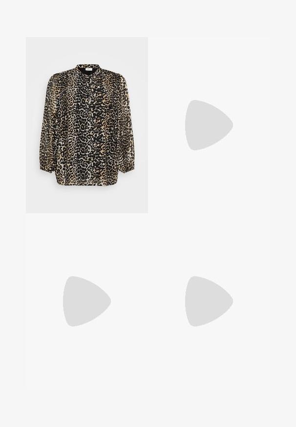 Chemise à manches longues transparente avec un motif léopard en noir, beige et marron, dotée d'un petit col et de manches plissées.; Jeans en denim avec un dégradé de bleu clair à moyen. Présentent une coupe droite, cinq poches et des coutures détaillées le long des seams.; Baskets montantes en toile noire avec semelles et lacets en caoutchouc blanc. Elles présentent un logo circulaire sur le côté et un contraste de coutures blanches.; Sac à main en tissu noir avec deux poches avant dotées de détails en nœud, deux poignées et fermeture éclair. Texture douce et forme rectangulaire.; Boucles d'oreilles en or en forme de cerceau, présentant un design lisse et rond avec une finition brillante. Construction légère avec un fermoir sécurisé.