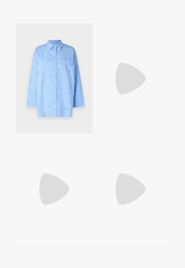 Chemise rayée bleue à manches longues, avec un devant à boutons, une poche poitrine et des motifs géométriques noirs disséminés.; Bershka WIDE-LEG - Wide Leg - dark blue; Tongs en caoutchouc blanches et noires avec des semelles texturées, des brides fines et des couleurs contrastantes. Chaque paire présente un design simple et un branding minimal.; Lunettes de soleil carrées rouges avec des verres teintés marron. Monture épaisse et brillante avec des branches fines et des détails mineurs sur le côté pour un intérêt visuel.; Sac fourre-tout brun en matériau lisse, avec une grande poche avant, deux poignées et un design structuré simplifié.