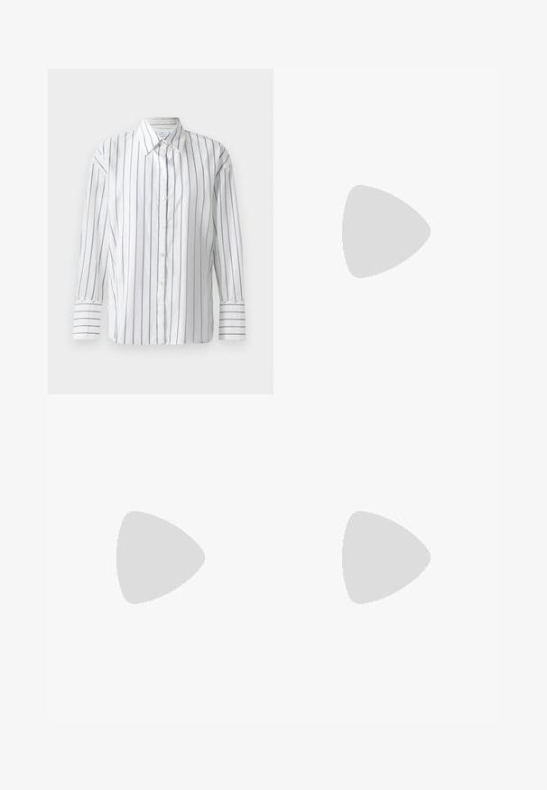 Camicia bianca a maniche lunghe con sottili righe verticali blu, chiusura con bottoni sul davanti e colletto classico. Tessuto di cotone morbido, vestibilità rilassata.; Gonna midi bianca in maglia con un motivo testurizzato a righe verticali e dettagli a taglio vicino all'orlo. Vita elasticizzata. Materiale morbido.; Pantofole da balletto nere in pelle con punta arrotondata, texture liscia, dettagli di cucitura minimi e design con suola flessibile.; Borsa a tracolla in pelle marrone con chiusura a pattina, hardware color oro, tracolla e una finitura liscia. Forma rettangolare compatta.