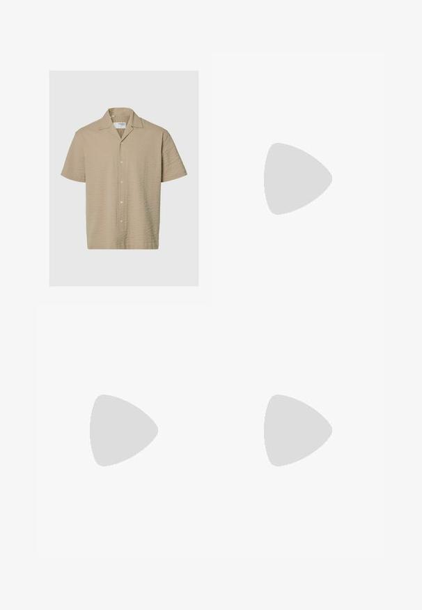 Korte mouwen beige shirt gemaakt van textiel met structuur. Voorzien van een knoopsluiting aan de voorkant en een kraag. Eenvoudig ontwerp zonder patronen of accenten.; Witte katoenen t-shirt met korte mouwen, ronde hals en een relaxed fit. Gladde textuur zonder zichtbare patronen of accenten.; Zwarte broek met een geplooid design aan de voorkant, gemaakt van soepel stof. Voorzien van een knoopsluiting en riemlussen; rechte pasvorm.; Zwarte suède sneakers met witte veters en drie witte strepen. Heeft een cirkelvormig zwart logo op de tong en een gumrubberen zool.; Metalen zonnebril met ovale groene lenzen. Dunne zilveren metalen rand en zwarte oorstoppers. Minimalistisch ontwerp, zonder zichtbare logo's.