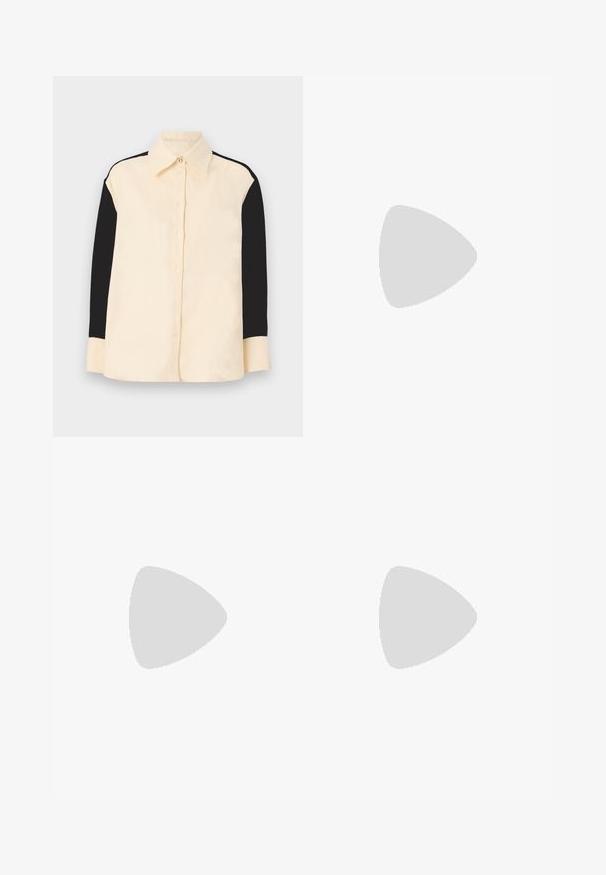sandro CHEMISE - Paitapusero - ecru; Lepas hitam lebar dari kulit dengan tekstur halus, dilengkapi saku depan, penutupan kancing, dan detail jahitan yang halus.; Musta patent slingback-kiilakorko teräväkärkisellä muotoilulla, jossa on teksturoitu käärmeennahkakuosi, säädettävä remmi ja lyhyt, teksturoitu blokkiheel.; Musta nahkainen olkalaukku, jossa on kaksi etutaskua, kultaiset soljet, vetoketjukiinnitys ja kapea hihna. Teksturoidun pinnan ja kompaktin suorakaiteen muoto.