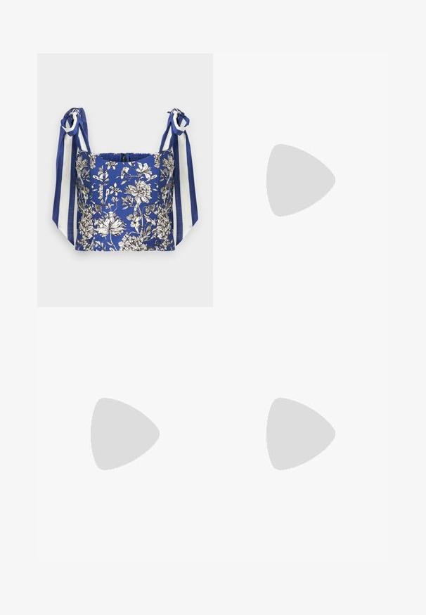 Blue floral crop top with white and black detailed flowers, featuring wide shoulder ties in blue and white stripes.; Knit white midi skirt featuring a textured pattern with vertical lines and cut-out details near the hem. Elastic waistband. Soft material.; Black leather ballet flat with a rounded toe, smooth texture, minimal stitching detail, and a flexible sole design.; Brown leather handbag with a flap closure, gold-tone hardware, a shoulder strap, and a smooth texture. Compact rectangular shape.
