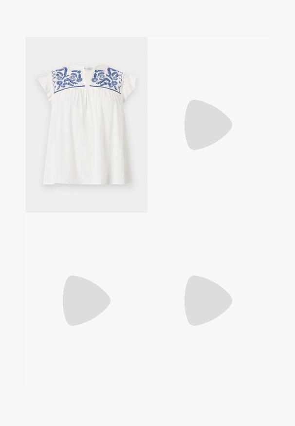 White short-sleeve top with blue floral embroidery at the yoke, featuring pleats for volume and soft ruffled sleeves. Casual, lightweight fabric.; Brown high-waist straight-leg jeans with front button, belt loops, and classic five-pocket design on a white background.; Pointed toe slingback heel in a smooth, glossy tan material. Features a curved cutout design and a slender stiletto heel. Silver buckle detail.; Brown leather crossbody bag with a curved shape, gold hardware, and a buckle accent. Features a detachable shoulder strap.