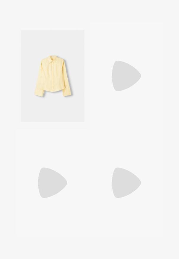 Żółta koszula w paski z długimi rękawami, z ostrym kołnierzykiem i zapięciem na guziki z przodu. Posiada pionowe niebieskie paski i dopasowany krój.; Szerokie brązowe dżinsy wykonane z denimu, z wysokim stanem, przednimi kieszeniami i klasycznym zapięciem na guzik. Gładka faktura z subtelnym przeszyciem.; Brązowe i burgundowe sneakersy wykonane z zamszu i siateczkowych materiałów, z trzema kremowymi paskami, teksturowanym materiałem na języku i gumową podeszwą.; Bordowa skórzana torebka o miękkim, marszczonym wyglądzie i zaokrąglonym kształcie. Uchwyt jest zabezpieczony, co podkreśla gładką fakturę.