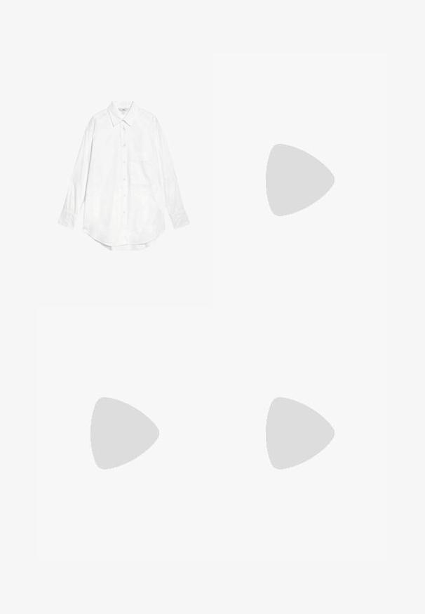 Marks & Spencer OVERSIZED - Button-down blouse - white; Light blue denim jeans with a loose fit, featuring a faded finish, two front pockets, and a button closure at the waistband.; Black platform heels with a pointed toe and adjustable ankle strap. Constructed from smooth leather, featuring a chunky block heel.; Black leather tote bag with smooth texture, rectangular shape, and two long handles. No visible hardware or embellishments.