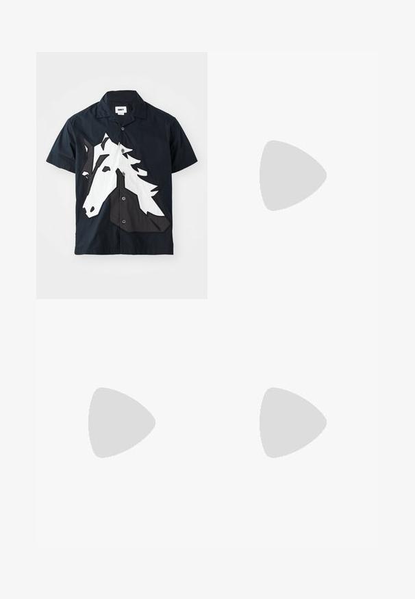 Short-sleeve shirt in dark navy fabric featuring a white and black horse head patch on the front, button closure, and standard collar.; Three white ribbed tank tops made of cotton. Features a crew neck and small black labels near the hem. Available in multiple sizes.; Black athletic pants with an elastic waistband, made of smooth fabric, featuring subtle side stitching and a relaxed fit, straight leg design.; Black suede sneakers with white accents, featuring a low-top design, lace-up closure, and a thick white rubber sole. Brand logo on heel.
