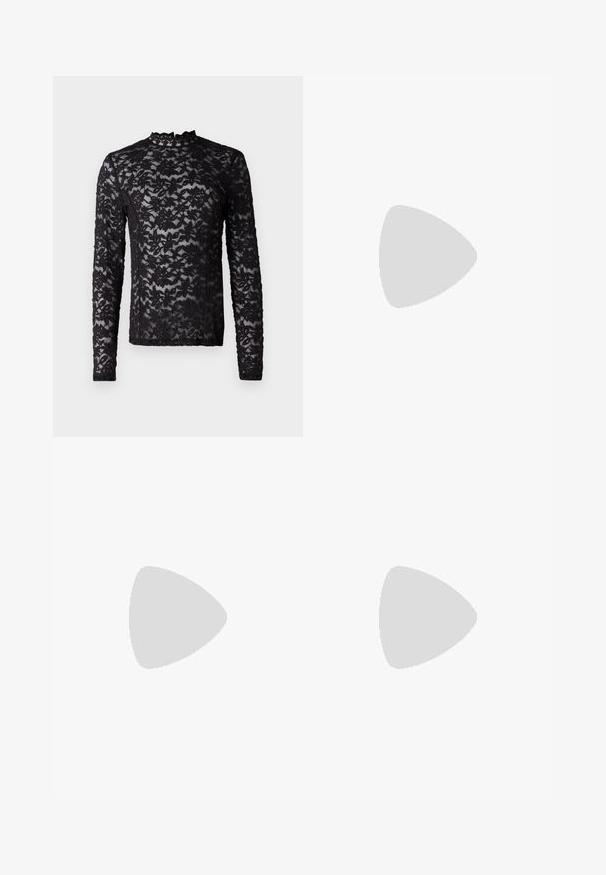 Černý dlouhý rukáv, průhledný krajkový top s květinovým vzorem a vysokým výstřihem s drobným volánem.; Noisy May NMJANNEL LOOSE - Džíny Relaxed Fit - black denim; Černé kožené kotníkové boty s kulatou špičkou, šněrováním na přední straně a silnou gumovou podešví s texturovaným vzorkem. S poutkem vzadu.; Stříbrné kruhové náušnice s minimalistickým designem. Kruh, hladký povrch a tenký profil. Lehká konstrukce s lesklým povrchem.