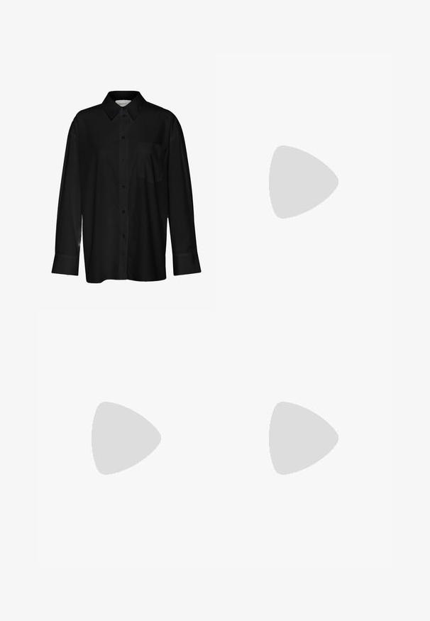 Gestuz NOELLE SHIRT - Button-down blouse - black; Black flared jeans made of denim. Features a button closure, five pockets, and a smooth texture. The flared leg starts below the knee.; Navy blue sneaker with a textured fabric upper, white platform sole, rounded toe, and black heel accent. Features six eyelets for laces.; Black leather tote bag with smooth texture, rectangular shape, and two long handles. No visible hardware or embellishments.