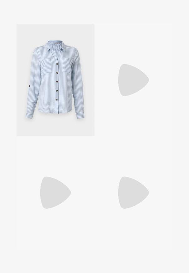 Light blue striped button-up shirt with long sleeves, two front pockets, and brown buttons. Vertical stripes create a fresh pattern.; Wide-leg denim trousers featuring a light to dark blue gradient, high waist, belt loops, and a matching fabric belt. Textured denim finish.; Black ankle boots made of smooth leather, featuring a side zipper, chunky textured heel, and rounded toe design.; Black leather tote bag with smooth texture, rectangular shape, and two long handles. No visible hardware or embellishments.