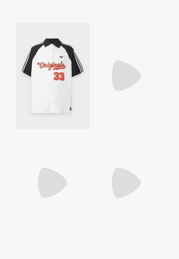 White short-sleeve polo shirt with a black collar, black sleeves, red "The Originals" graphic, and "33" printed in red on the front.; White cotton t-shirt with short sleeves, featuring a small green Adidas logo on the left chest. Simple, classic design with a round neckline.; Black denim wide-leg pants with a high waist, featuring five pockets and a button closure. Fabric has a smooth texture and slight stretch.; Black sneakers with a suede and synthetic upper, featuring three white stripes, textured rubber sole, and blue logo tag on the tongue.