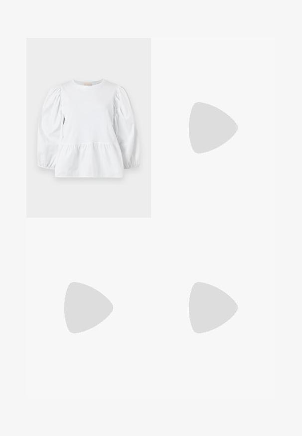 White blouse with a round neckline, puffed long sleeves, and a tiered ruffle hem. Made of smooth fabric with no visible patterns or hardware.; Black tailored trousers with a straight-leg design, featuring a smooth texture and crisp creases along the front. No visible hardware.; Beige block-heeled sandals with thin straps and a square toe. Smooth material with minimal detailing, designed for easy wear.; Black leather handbag with a structured design, featuring a cropped shape, top handle, and gold hardware accent. Adjustable shoulder strap included.