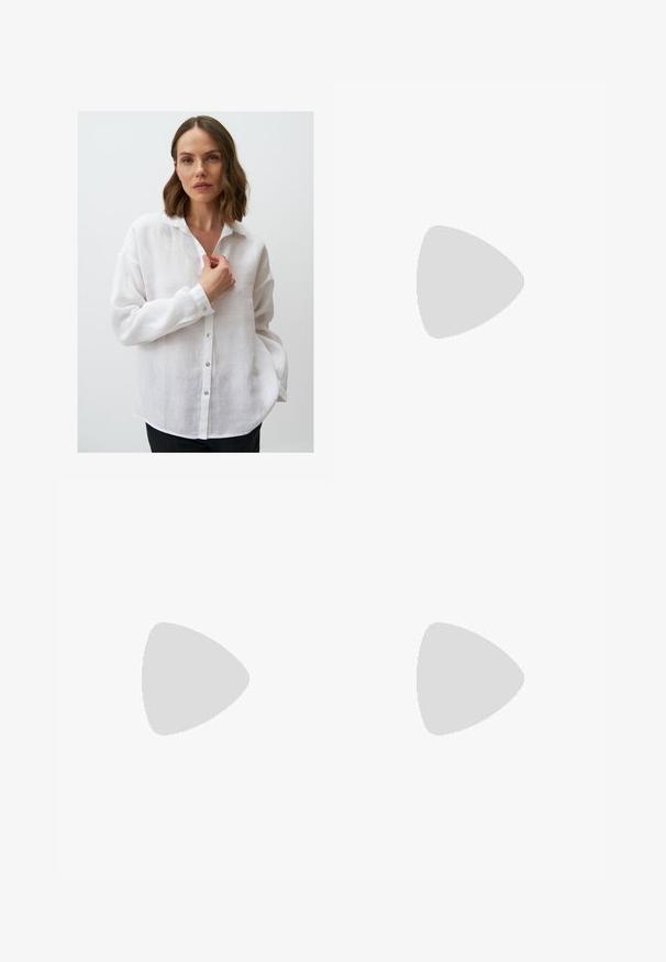Chemise blanche en lin à boutons, avec col, manches longues et coupe décontractée ; présente des boutons en métal argenté et un tissu légèrement texturé.; Pantalons larges marron avec une texture lisse, dotés d'une ceinture noire à la taille et de poches latérales. Design ajusté et coupe décontractée.; Bershka Sandales à talons hauts - black; Sac bandoulière en cuir marron avec une forme incurvée, quincaillerie dorée et un accent en boucle. Comprend une bandoulière détachable.