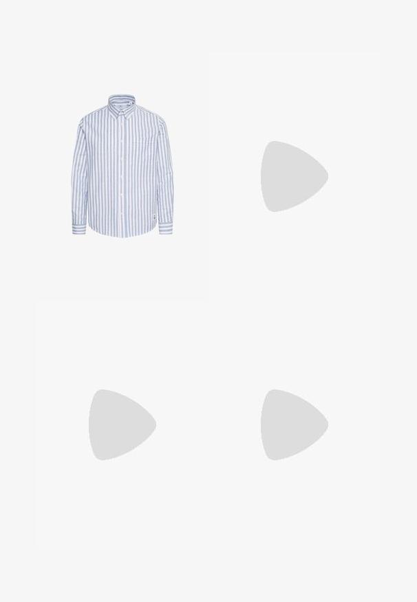 Matinique Košile - chambray blue; Bílá polo košile vyrobená z bavlny, s klasickým límcem, krátkými rukávy a malým námořnickým logem na levé hrudi. Dvoutlačítková léga.; Béžové kalhoty klasického střihu, se jedním černým knoflíkem, poutky na opasek a bočními kapsami. Hladká textilie a minimalistický design.; Bílé kožené tenisky s texturovaným povrchem, vybavené gumovou podrážkou, šněrovacím designem a jemnými proužkovými akcenty po stranách.; Sluneční brýle s kovovým rámem a oválnými zelenými skly. Tenký stříbrný kovový rám a černé chrániče uší. Minimalistický design, žádné viditelné logo.
