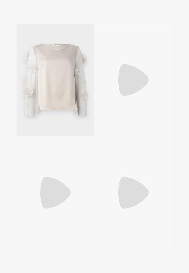 Beige top with a smooth fabric body and sheer, floral-accented sleeves featuring layered flower details along the edges.; Cream-colored flared pants with studded accents along the waistband and back pockets, made from soft, textured fabric.; Beige high-heeled sandal with a braided texture, featuring a decorative flower and ankle strap. Square-shaped heel adds stability.; Beige woven tote bag with black handles, featuring an embroidered "Vivienne Westwood" and a decorative silver orb accent.