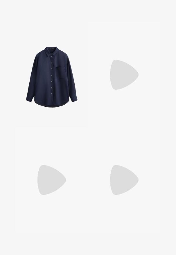 Camicia a maniche lunghe blu navy in tessuto testurizzato, con chiusura a bottoni sul davanti, taschino sul petto e orlo curvo.; Pantaloni neri a gamba larga con vita alta, dotati di una cintura con chiusura a fibbia argentata e pieghe per un tocco di texture in più.; Sandali piatti marroni in materiale sintetico con un design a fascia intrecciata e una suola liscia e piatta. Senza tacco, estetica minimalista.; Occhiali da sole con montatura dorata e lenti verdi, forma ovale, stanghette nere e naselli trasparenti. Design pulito e minimalista.; Borsa a spalla in tessuto marrone con un corpo ampio e arrotondato e una grande maniglia a taglio. Texture morbida, design minimalista e senza hardware visibile.
