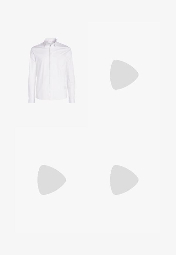 Calvin Klein Tailored SLIM SHIRT - Camisa - white; Jeans ajustados en denim gris desgastado, con detalles desgastados en las rodillas, combinados con zapatillas blancas. Textura suave, diseño de corte slim.; Zapatillas de cuero blanco con perforaciones, punta redonda, suela plana y cordones gruesos, con un logo de swoosh visible y "AIR" en el talón.; Reloj de pulsera de acero inoxidable plateado con una esfera azul marina, marcadores horarios metálicos y una ventana de fecha a las 3 en punto. Resistente al agua hasta 50 metros.