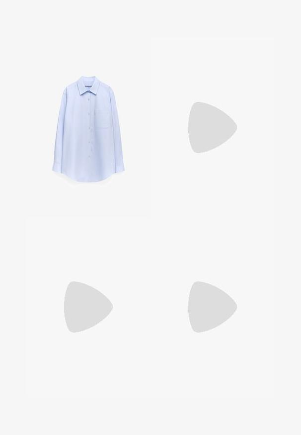 Lichtblauw overhemd met lange mouwen, knoopsluiting, puntige kraag en borstzak, weergegeven hangend tegen een witte achtergrond.; Bruine wijde broek met een gladde textuur, voorzien van een hoge taille en plooien aan de voorkant. De stof is lichtgewicht en valt losjes.; Vlakke sandalen met een tan rubberen zool, ontworpen met drie overlappende witte leren banden en een kleine strikdetail in het midden.;  schildpadbril met een dikke rand, licht gebogen scharnieren en een soepele textuur. Beschikt over een klassiek ontwerp met een glanzende afwerking.; Bruine leren schoudertas met een gebogen vorm, gouden hardware en een gespaccent. Bevat een afneembare schouderriem.