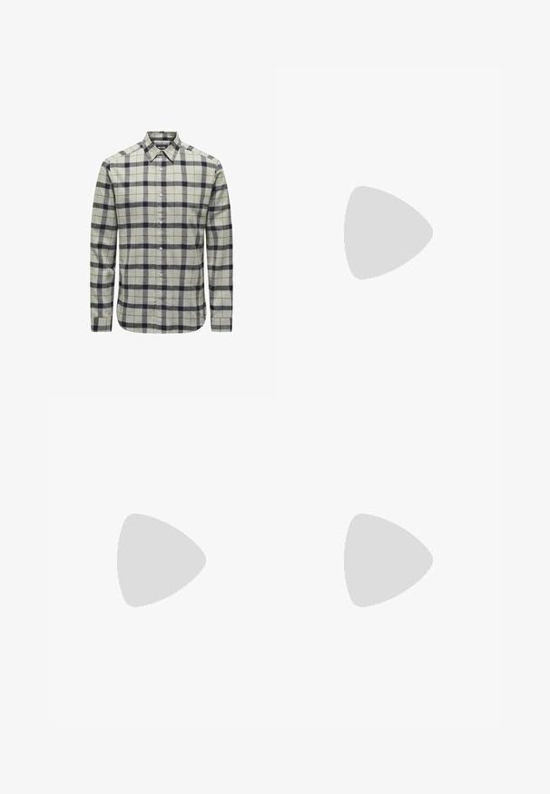 Lichtgrijze overhemden met een navy- en bruin geruit patroon, voorzien van lange mouwen, een puntig kraag en knoopdetails.; Witte t-shirt met korte mouwen, gemaakt van katoen, met een ronde halslijn en een relaxte pasvorm. Gladde textuur, zonder zichtbare patronen of accenten.; Beige, wijde broek gemaakt van een katoenmix met een knoopsluiting. Voorzien van zijzakken en een subtiele textuur. Naaddetails zichtbaar.; Beige suède sneaker met drie donkerblauwe strepen, witte veters en een tan rubberen zool. Bevat een logo op de tong en de tekst "CAMPUS".; Metalen zonnebril met ovale groene lenzen. Dunne zilveren metalen rand en zwarte oorstoppers. Minimalistisch ontwerp, zonder zichtbare logo's.