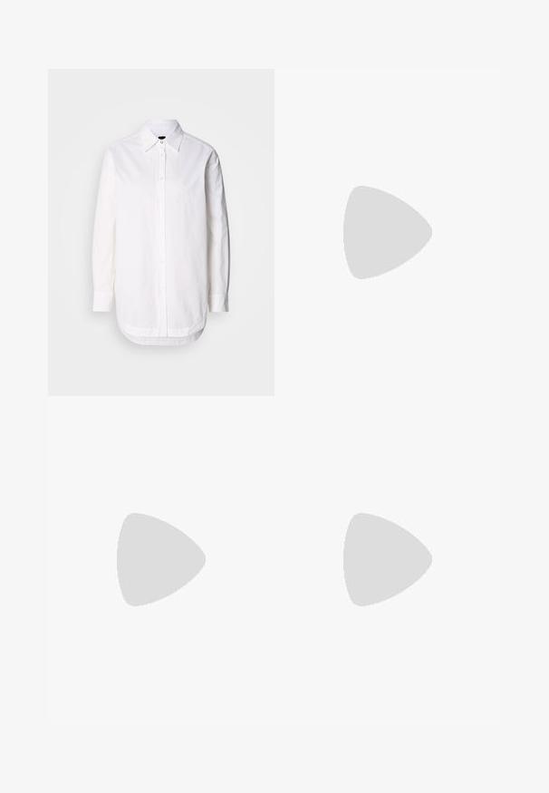 Camicia bianca con colletto, maniche lunghe e orlo arrotondato. Realizzata in tessuto di cotone con una texture liscia e dettagli di cucitura sottili.; Jeans in denim azzurro chiaro a gamba larga con vita alta, dotati di cinque tasche, passanti per cintura e una leggera sfumatura verso l'orlo.; Scarpa slingback a punta in pelle bianca sporca, caratterizzata da un tacco basso e un design con ritagli, dal texture liscia e con accenti minimi.; Orecchini in metallo argento caratterizzati da forme arrotondate, con una finitura lucida e delicate incisioni del marchio "BOSS" nelle sezioni inferiori.