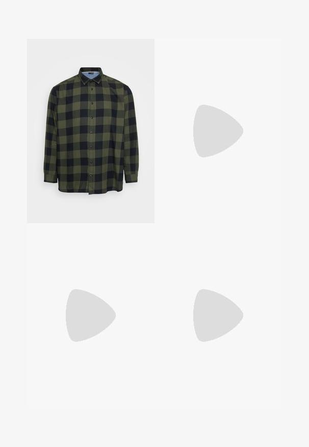 Chemise à carreaux verts et noirs avec des manches longues, un devant boutonné et un col classique. Fabriquée en tissu léger avec une texture lisse.; Des débardeurs en coton blanc, design sans manches, col rond, texture unie, avec un tissu doux et léger. Deux pièces affichées.; Pantalons noirs en tissu lisse, avec des plis à l'avant, une taille à bouton et des poignets fuselés. Silhouette classique élégamment taillée.; Mocassins en cuir noir avec un bout rond, des coutures décoratives et un petit talon. Texture lisse avec un éclat subtil. Design classique sans embellissements.; Lunettes de soleil noires avec des montures rectangulaires, des verres teintés gris et un design avec découpes au niveau du pont. Matériau plastique lisse et brillant, avec des branches étroites.