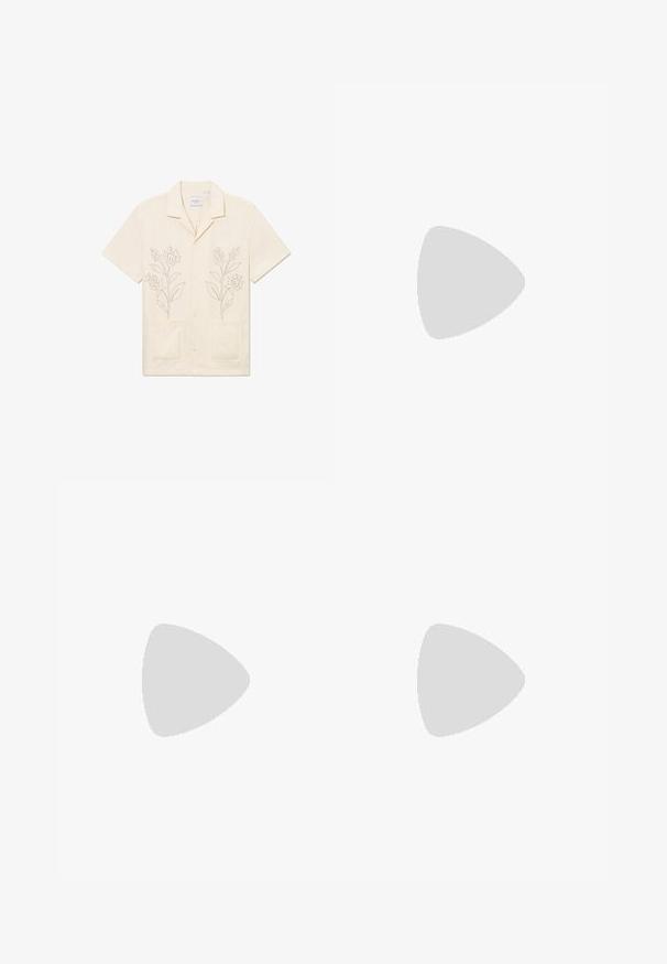 Camicia button-up a maniche corte di un leggero crema, con ricami floreali sul davanti. Presenta due tasche frontali e un classico design del colletto.; Pantaloni in lino beige chiaro con vita elastica e cordoncino. Design a gamba dritta con una texture liscia e leggermente affusolata alle caviglie.; Infradito neri con cinturini texturizzati, suola piatta e bordo seghettato. Realizzati in gomma con una finitura liscia e un design minimalista.; Occhiali da sole in plastica nera con lenti verdi, montatura quadrata, dettaglio argento sulla parte superiore e steli con texture. Marchio indicato sulla parte interna dello stelo.; Bracciale nero con perline caratterizzato da due fili di perline opache con un accentuato metallo rettangolare. Texture liscia, forma uniforme, design minimalista.