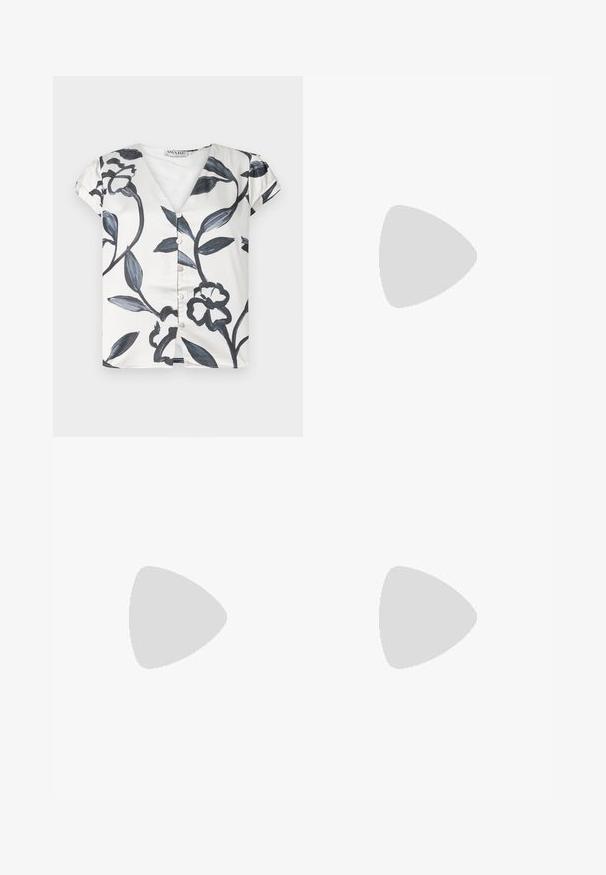 Blusa de manga curta, com decote em V, feita de um tecido suave, apresentando um padrão floral negro sobre um fundo branco, com fechos de botão na frente.; Denim jeans em um tom de azul médio, apresentando uma cintura alta, corte largo e design padrão de cinco bolsos com detalhes de costura visíveis.; Sandálias brancas de salto alto com um salto robusto, apresentando um design com tiras e amarração no tornozelo. Textura suave com uma plataforma na frente para altura adicional.; Bolsa tote de couro castanho com uma textura suave, design de abertura superior e duas alças para o ombro. Apresenta costura mínima e sem hardware visível.