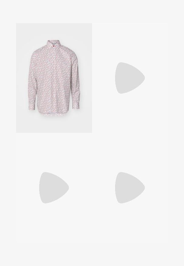 Long-sleeve shirt in white with a scattered floral pattern in red and green, featuring a button-down collar and single-button cuffs.; Tiger of Sweden TENUTA - Trousers - indigo; Stuart Weitzman BANKS - Slip-ons - black; Beaded bracelet featuring navy, orange, and yellow striped beads with metallic accents. Smooth and textured bead variations create visual interest.
