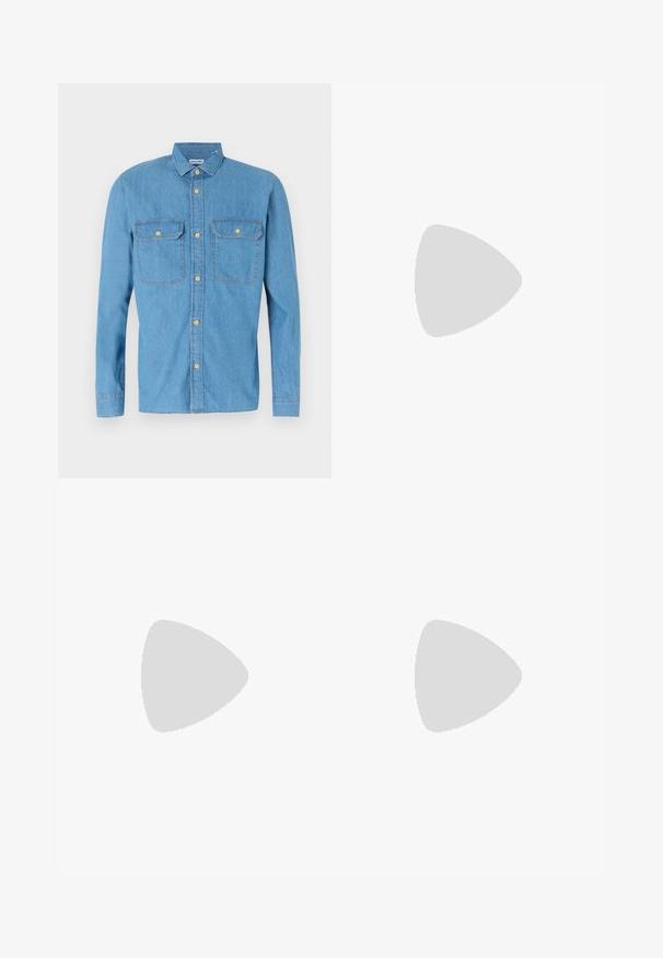 Hele helesinine denim-särk, millel on pikad varrukad, nööbid ees, kaks rinna taskut, terav krae ja kuldsed nööbid. Sile tekstuur, lõdva disainiga.; Valge puuvillane T-särk, lühikeste varrukatega, ümar neel, ühtlane tekstuur, reastatud kuhjale, kaeluses peene brändinguga.; Mustad puuvillased lühikesed püksid, millel on elastne vöökoht, külgõmblused ja väike valge logo vasakul jalge peal. Sile tekstuur, põlve pikkusega disain.; Mustad tossud, mille pealseks on seemisnahk ja sünteetilised materjalid, kolme valge triibuga, tekstureeritud kummitald ja sinine logo silt keele peal.