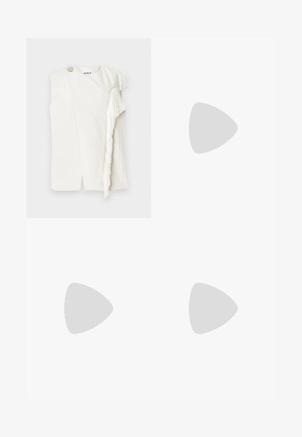 White sleeveless top featuring a fringe detail on one side, a round silver button near the shoulder, and a clean, minimal cut.; Wide-leg trousers in cream, made from smooth fabric. Features a tailored design with front pleats and a straight cut.; Black high-heeled sandal with fringed detail, ankle strap featuring gold hardware, flat square toe, and two crossing straps across the vamp.; Beige suede handbag with a rounded triangular shape, a single strap, and a gold-tone hardware accent on the front.