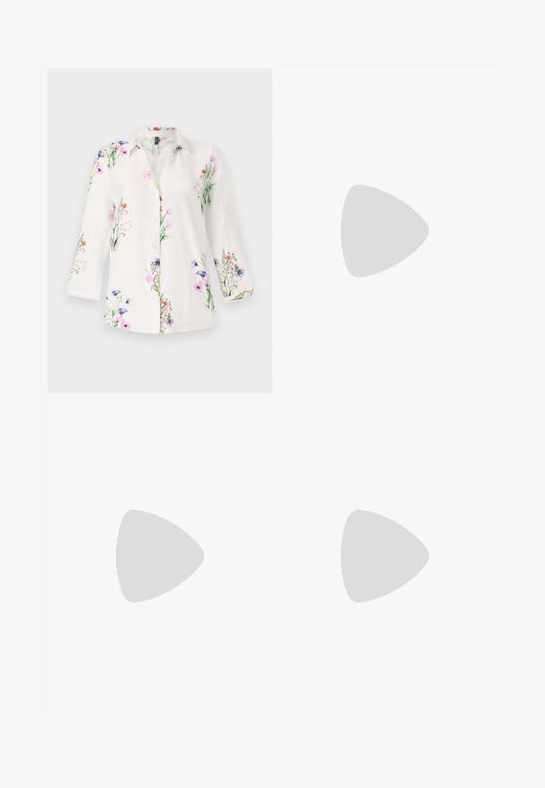 White, button-up shirt with three-quarter sleeves, featuring a floral pattern in pink, blue, and green. Lightweight, textured fabric.; Rust brown straight-leg jeans with front and back pockets, metal rivets, button closure, and belt loops, laid flat on a white background.; Navy blue sneaker with a textured fabric upper, white platform sole, rounded toe, and black heel accent. Features six eyelets for laces.; Brown leather crossbody bag with a curved shape, gold hardware, and a buckle accent. Features a detachable shoulder strap.