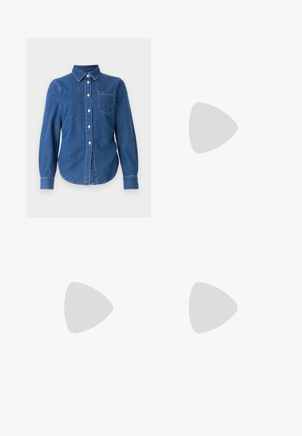 Chemise en denim bleu foncé à manches longues, avec un col, une poche poitrine unique et des boutons blancs. Des coutures légères ajoutent du détail.; Jean en denim bleu à jambe large et taille haute, avec une coupe classique à cinq poches et une fermeture à bouton, fabriqué en tissu en coton texturé.; Chaussures noires en cuir avec une semelle épaisse et côtelée, présentant un accent en métal argenté circulaire et des détails de couture minimalistes.; Sac à bandoulière en cuir noir avec une forme incurvée, une bandoulière ajustable et des accents en métal doré. Présente le nom de la marque embossé à l'avant.