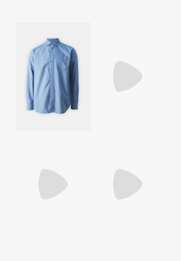 Chemise à manches longues, bleu clair, en coton, avec une poche poitrine et un logo brodé, dotée d'un col classique et d'un ourlet arrondi.; Pantalon noir ajusté avec une coupe droite, fabriqué en tissu lisse. Comprend des passants de ceinture et un pli au niveau du devant.; Des baskets en cuir blanc avec une finition lisse, un bout rond, des lacets plats et une semelle texturée. Accents en daim gris au niveau du talon.; Lunettes de soleil en plastique transparent avec des verres marron rectangulaires, dotées de branches fines et transparentes ainsi que d'accents en métal sur les tempes.