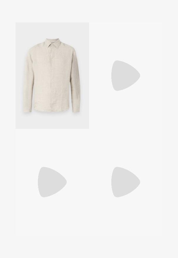 Ljusbeige linne skjorta med knappar, spetsad krage, långa ärmar och subtil textur; har sex matchande knappar fram.; Två crew-neck t-shirts i svart och olivgrön, tillverkade av mjukt bomullstyg. Designen är enkel med korta ärmar och rak passform.; Svarta träningsbyxor i texturerad tyg, med justerbart midjeband, ficka med dragkedja på sidan och avsmalnande muddar.; Vita lädersneakers med en tjock krämfärgad sula, marinblå hälaccent och sidologotyp. Slät yta, minimalistisk design med snörning.