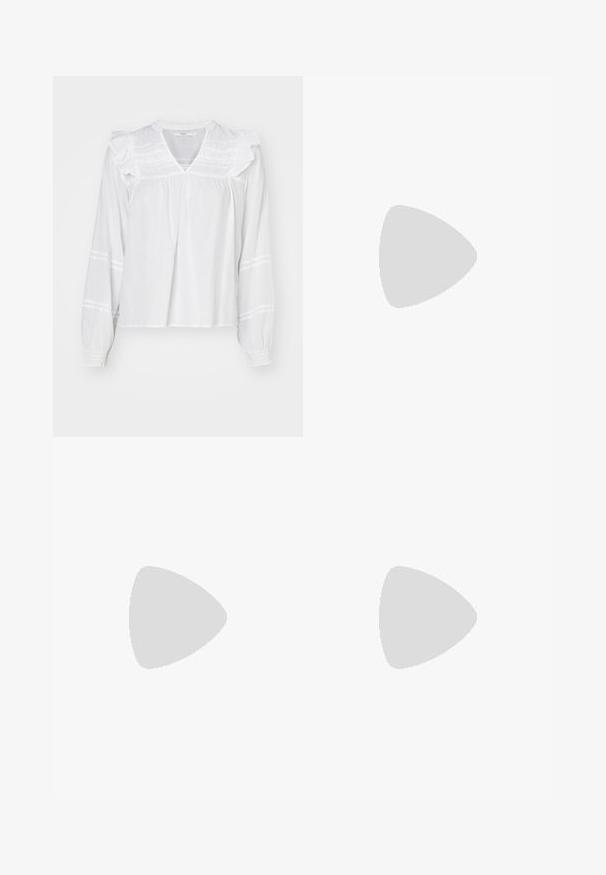White long-sleeve blouse with ruffle details on shoulders, a V-neckline, and gathered cuffs. Features horizontal striping along sleeves.; Light blue flared jeans made of denim, featuring a high waist, five pockets, and a single button closure. Soft texture with faded finish.; Black patent leather slingback heels with a pointed toe and a geometric block heel. Features a sleek, minimal design and smooth texture.; Brown leather crossbody bag with a curved shape, gold hardware, and a buckle accent. Features a detachable shoulder strap.