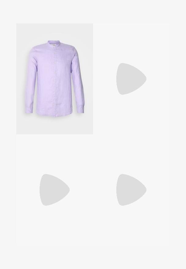Long-sleeve button-up shirt in light lavender linen with a stand collar and front button closure. Smooth texture with a relaxed fit.; White cotton T-shirt with a crew neck, short sleeves, and a subtle embossed logo on the chest. Interior tag has an orange accent.; Blue denim jeans with a high waist, straight-leg design, and subtle fading. Features classic five-pocket styling and a zip fly closure.; Black leather lace-up shoe with a rounded toe, smooth texture, minimal stitching, and a low rubber heel. Logo on the heel.