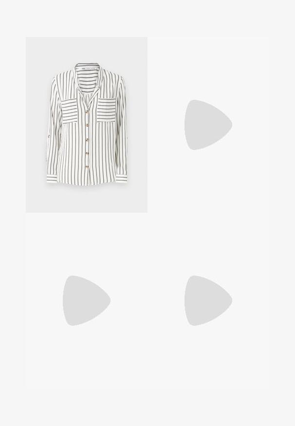 White long-sleeve shirt with black vertical stripes, featuring two chest pockets, a button-down front, and cuffs with stripe detail.; Wide-leg denim trousers featuring a light to dark blue gradient, high waist, belt loops, and a matching fabric belt. Textured denim finish.; Light blue open-toe heeled mules with a geometric design, featuring a wide strap across the foot and a chunky, angular heel.; Black leather handbag with a curved shape, detachable strap, and gold hardware. The bag features a flap with a buckle detail.