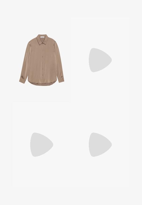 Long-sleeved blouse in taupe satin with a pointed collar, front button closure, and rounded hemline. Smooth texture and tailored fit.; Black wide-leg trousers with high waist, button details on waistband, and front pleats.; Black patent leather ankle boot with a pointed toe and a mid-height block heel. Smooth texture and minimalist design.; Black leather tote bag with two long handles, a smooth texture, and a structured shape. Features a front pocket for additional storage.