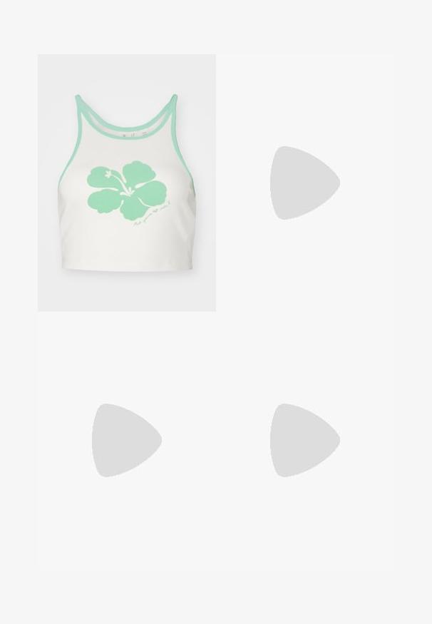 Biely crop top s mentolovo zeleným okrajom a veľkým mentolovo zeleným grafickým zobrazením kvetu hibiscus na prednej strane, s detaily ručne písaného textu nižšie.; Even&Odd Tepláky - brown; Béžové tenisky s textúrovanými krémovými panelmi a hnedými pruhmi, skombinované s modrými džínsami. Džínsy majú široké nohavice a roztrhnutý lem.; Hnedá kožená taška na rameno s hladkou textúrou, otvoreným vrchom a dvoma ramenými popruhmi. Má minimálne šitia a žiadne viditeľné kovania.