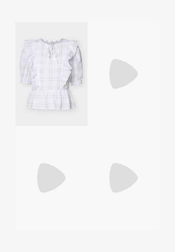 White checkered blouse with ruffled sleeves, a tie detail at the neck, and a peplum hem, featuring thin navy lines on a textured fabric.; Black tailored trousers with a straight-leg design, featuring a smooth texture and crisp creases along the front. No visible hardware.; Beige block-heeled sandals with thin straps and a square toe. Smooth material with minimal detailing, designed for easy wear.; Black leather handbag with a structured design, featuring a cropped shape, top handle, and gold hardware accent. Adjustable shoulder strap included.