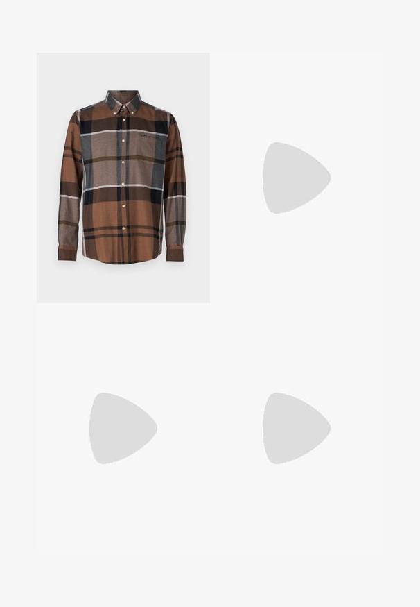 Camisa de botão em padrão xadrez castanho e multicolorido. Apresenta colarinho, mangas longas, bolso frontal e detalhes dos botões em contraste. Tecido leve.; Camiseta de mangas curtas em caqui, feita de tecido suave, com decote redondo e um corte descontraído. Sem padrões ou gráficos visíveis.; Calças de algodão em caqui com um design de perna reta, apresentando um fecho de botão, dois bolsos frontais e uma textura suave.; Tommy Hilfiger RETRO RUNNER MIX - Sapatilhas - black/cocoa