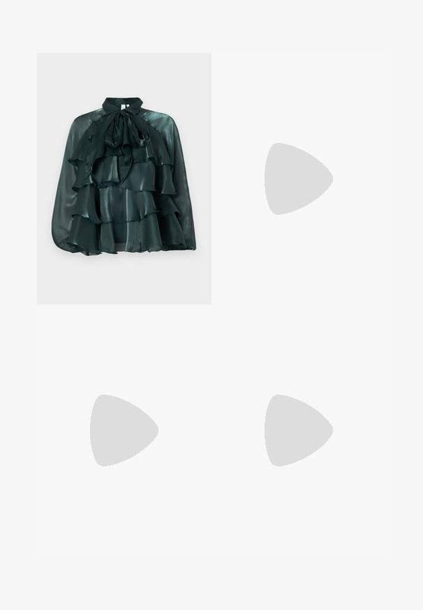 Dark green, satin blouse with a high collar and large bow tie, featuring multiple ruffled layers across the front. Smooth texture and glossy finish.; Gina Tricot BURNOUT SKIRT - Maxi skirt - black; Black heeled sandals with multiple crisscross straps. Smooth material, pointed toe, and narrow heel. Adjustable ankle strap with buckle.; Even&Odd Handbag - silver-coloured