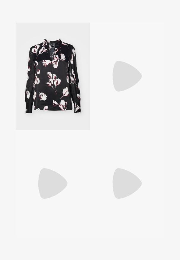 Blusa nera a fiori con motivi bianchi e rossi, maniche lunghe con polsini arricciati e scollo a chiave.; Pantaloni neri su misura con un design a gamba dritta, caratterizzati da una texture liscia e pieghe ben definite sul davanti. Senza hardware visibile.; Tacchi slingback in pelle nera con punta affusolata, caratterizzati da un tacco alto e un accento dorato sulla cinghia regolabile. Texture liscia.; Borsa a mano in pelle nera con un design strutturato, caratterizzata da una forma corta, manico superiore e accessori in metallo dorato. Inclusa tracolla regolabile.