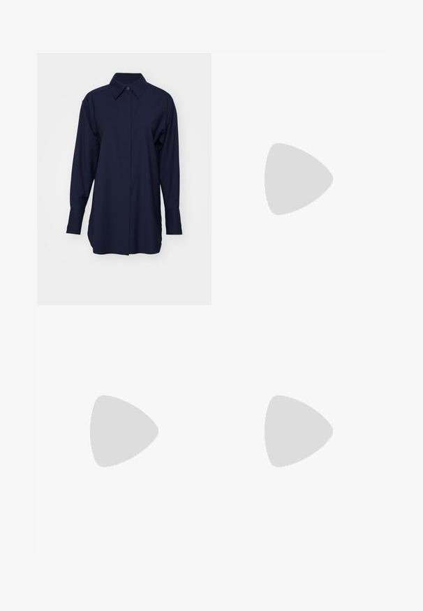 Navy blue, long-sleeve shirt made from smooth fabric, featuring a pointed collar and a button front, with a relaxed fit and side slits.; Black tailored trousers with a straight-leg design, featuring a smooth texture and crisp creases along the front. No visible hardware.; Black pointy-toed slingback shoe with a low heel, featuring smooth leather material and cut-out design on the side for breathability.; Black leather handbag with a structured design, featuring a cropped shape, top handle, and gold hardware accent. Adjustable shoulder strap included.