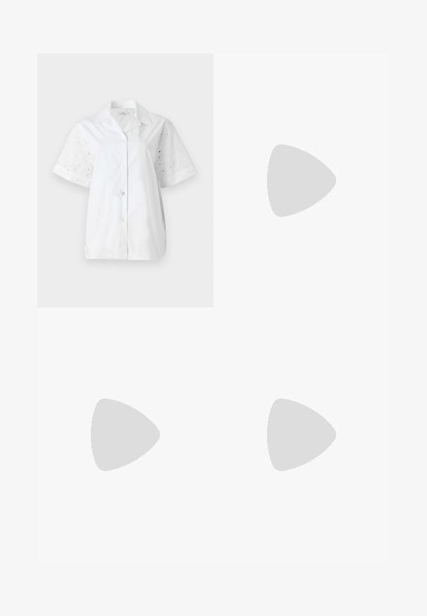 White short-sleeve shirt with a button front. Main body is solid fabric, while sleeves feature a floral eyelet design.; Knit white midi skirt featuring a textured pattern with vertical lines and cut-out details near the hem. Elastic waistband. Soft material.; Black leather ballet flat with a rounded toe, smooth texture, minimal stitching detail, and a flexible sole design.; Brown leather handbag with a flap closure, gold-tone hardware, a shoulder strap, and a smooth texture. Compact rectangular shape.