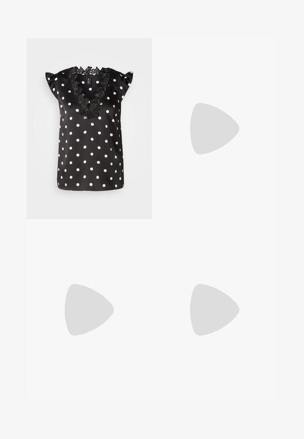 Mustapilkkuinen paita, jossa valkoisia pisteitä, lyhyet röyhelömäiset hihat ja sahalaitainen musta pitsikaulus. Sileä satiinimateriaali.; Suorat lahkeet vaaleasta beige puuvillasta. Korkea vyötärö, etutaskut ja suora leikkaus. Siisti helman viimeistely ilman kuvioita.; Mustat nahkaiset slingback-korkokengät, joissa on terävä kärki, matala korko ja sileä pinta. Varustettu ohuella säädettävällä hihnalla turvallisen istuvuuden takaamiseksi.; Musta nahkabag, jossa on kerätty yläosa. Varustettu kahdella lyhyellä kantokahvalla ja pitkällä säädettävällä hihnalla. Sileä pinta, pyöreä muoto.