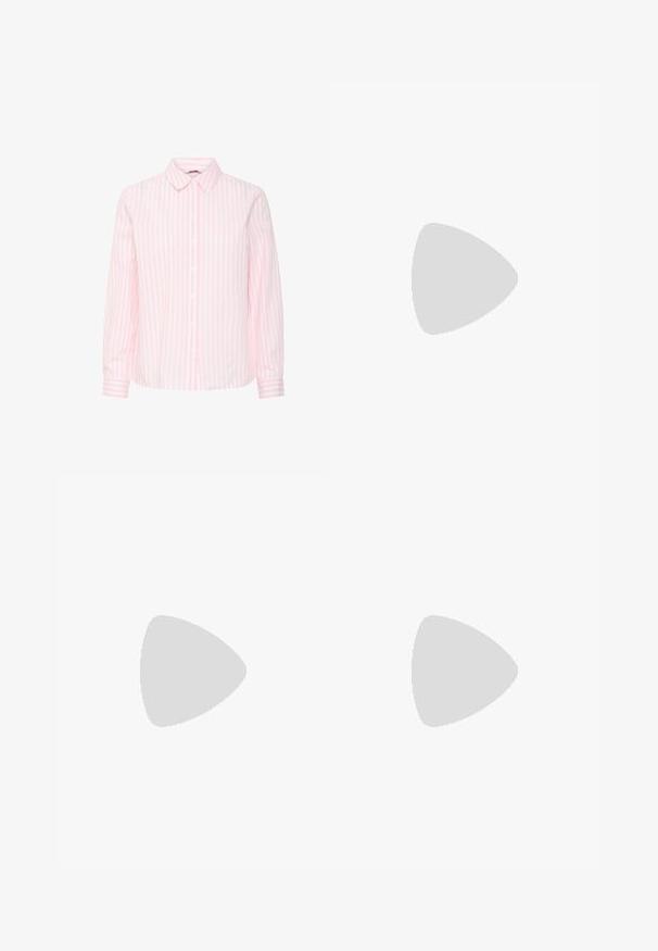 Langärmliges Hemd in pink-weißen vertikalen Streifen, ausgestattet mit einem klassischen Kragen und einer Knopfleiste vorne sowie geknöpften Ärmeln.; Schwarzer, plissierter Rock aus strukturiertem Stoff mit einem taillierten Bund. Fällt knielang und hat eine glatte, klare Silhouette.; Schwarze Lackleder-Slingback-Absätze mit spitzer Zehenform, einem runden Ausschnitt-Design und einem Blockabsatz. Mit einem goldfarbenen Schnallenakzent.; Schwarze Handtasche mit strukturierten Oberflächen, doppelten Obergriffen und verstellbarem Schultergurt. Mit goldfarbener Hardware und Seitentaschen.