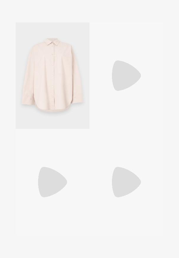 Hele beež pikkade varrukatega nööbitav särk terava krae ja ühe rinnataskuga, esitatud valgel taustal.; Sinine denimist valmistatud sirge lõikega teksad, millel on klassikaline viie taskuga disain, oranž õmblus ja nupuga sulgemine.; Mustad musta nahast loafers, ümara varbaga, väljapaistvate õmblustähtedega ja madala virnastatud kontsaga. Sile tekstuur kerge läikega.; Pruun nahast käekott ümmarguse kujuga, hõbedaste detailide ja dekoratiivse õmblusega. Omab õlarihma ja klambri sulgemist.