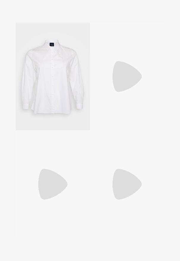 White long-sleeve shirt, button-down front, collar, made of cotton. Features soft texture and relaxed fit, with rounded hem and buttoned cuffs.; Black faux leather trousers with a smooth texture, tapered legs, an elastic waistband, and a button detail at the front.; Gold metallic heeled sandal with a square toe, single front strap, and ankle strap. Features a block heel and smooth texture.; Textured gold-tone metal earrings with a sculptural, spiral design. Features smooth surfaces and light reflecting curves.