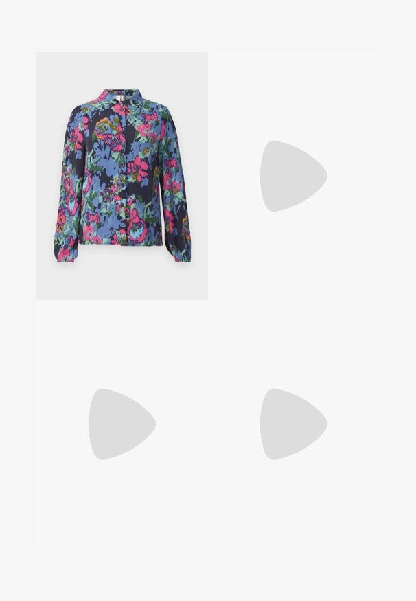 Floral blouse in blue, featuring vibrant pink, green, and yellow patterns. Long sleeves and a button-down front with a collar. Soft fabric texture.; Classic blue denim jeans with a straight-leg design, five pockets, and a button closure. Features a medium wash and sturdy texture.; Black patent leather pointed-toe shoes with a block heel and ankle strap, paired with gray ribbed leg warmers and a brown suede skirt.; Black faux leather handbag with a crocodile texture, cinched top, and a scrunched strap. Appears soft and compact in design.