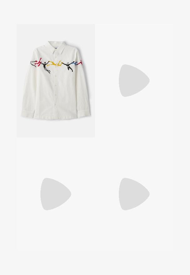 White long-sleeve shirt featuring colorful embroidered figures in red, blue, yellow, and black, with a classic collar and button-down front.; Light gray athletic shorts made from a smooth, breathable fabric. Features an elastic waistband with a drawstring and subtle side seams.; Light beige loafers with a pointed toe, smooth material, a strap across the vamp, and a low brown sole. Simple design with minimal accents.; Black sunglasses with a rectangular shape, dark lenses, silver accents at the temples, and a matte finish on the frame.